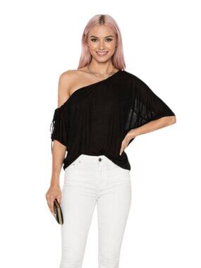 h:ours REVOLVE Arwen Black Off Shoulder Asymmetrical Ruched Top Size S